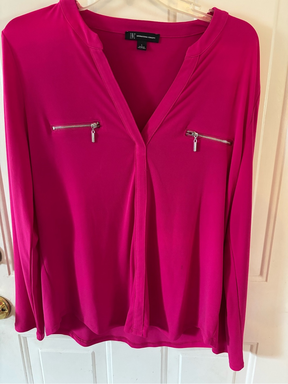 INC International Concepts Bright Fuchsia Long Sleeve Zip-Pocket Top